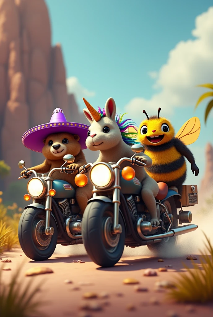 Une marmotte qui porte un chapeau mexicain violet en compagnie d'une licorne multicolore et d'un gros bourdon joyeux qui font tous les 3 de la moto