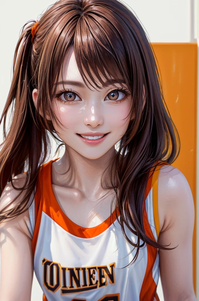 (((Highest quality、8k、32K、masterpiece)))、(Realistic)、(Realistic:1.2)、(High resolution)、Very detailed、Very beautiful face and eyes、1 person、Round and small face、Tight waist、Delicate body、(close、Highest quality、Attention to detail、Rich skin detail)、(Highest quality、8k、Oil paints:1.2)、Very detailed、(Realistic、Realistic:1.37)、Bright colors、(((Orange Hair)))、(((Vermilion hair)))、(((Cowboy Shot)))、(((Long Hair)))、(((The ends of the hair are tied)))、(((Pure white wall background)))、(((Wearing a basketball uniform)))、(((Orange and white basketball outfit)))、(((smile)))、(((1 female)))、(((Tank top style uniform)))、