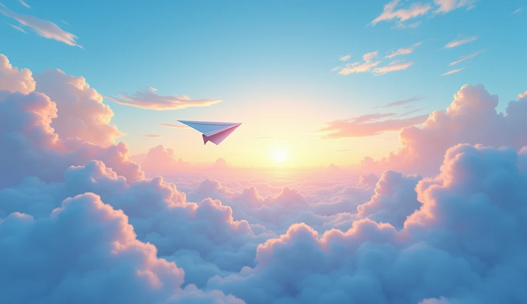 An ultra-high-resolution animated illustration depicting a sky with a rising sun and a paper airplane flying over blue clouds, viewed from above, displayed on a very wide screen.