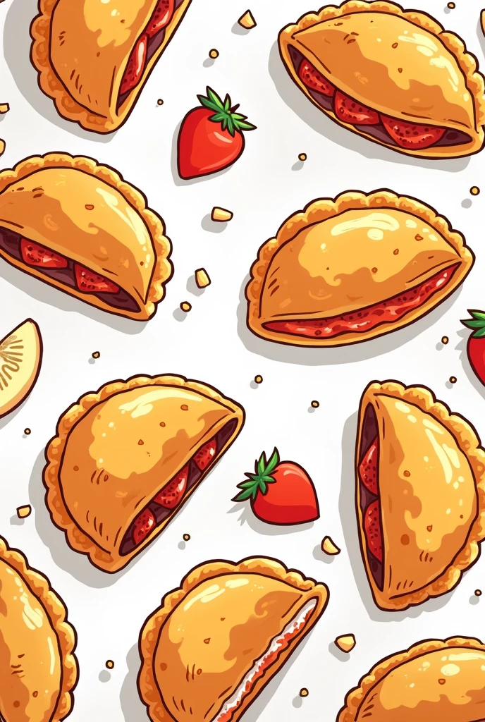 Comic photo of empanadas and panzerotis for the background of a poster, that the cartoons have no faces or bodies and the background is white