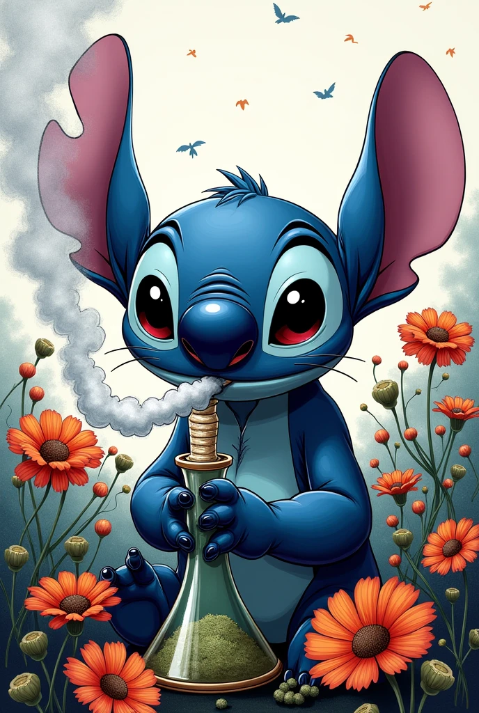 (stitch smoking on bong high)(flowers on the stich)(smoke in stitch's mouth)(black and withe)