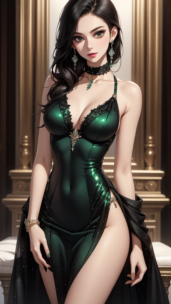 Pale skin, Beautiful slim fit girl, cool, stunning beauty, smug expression, glamerous, sexy, sleeveless sequin figure skating costume, intricate, highly detailed, choker, green-black, stylish black hair, jewelry, diamonds,looking at camera, closeup, 