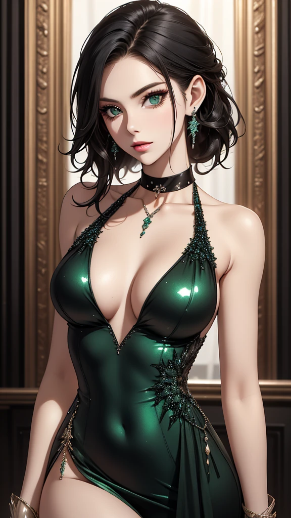 Pale skin, Beautiful slim fit girl, cool, stunning beauty, smug expression, glamerous, sexy, sleeveless sequin figure skating costume, intricate, highly detailed, choker, green-black, stylish black hair, jewelry, diamonds,looking at camera, closeup,