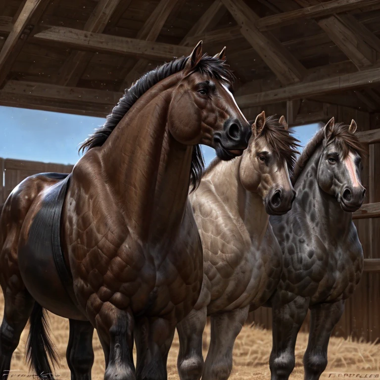((Trio)), ((anthro horses)), males, (3boys), (different fur colored horses), grey pinto horse, brown horse, black horse, handsome, (Correct anatomy, big, muscular), (realistic fur, detailed fur texture:1.3), Detailed horse stable background, Photorealistic, hyperrealistic, Ultra-detailed, daylight, (by Taran Fiddler), facing forward