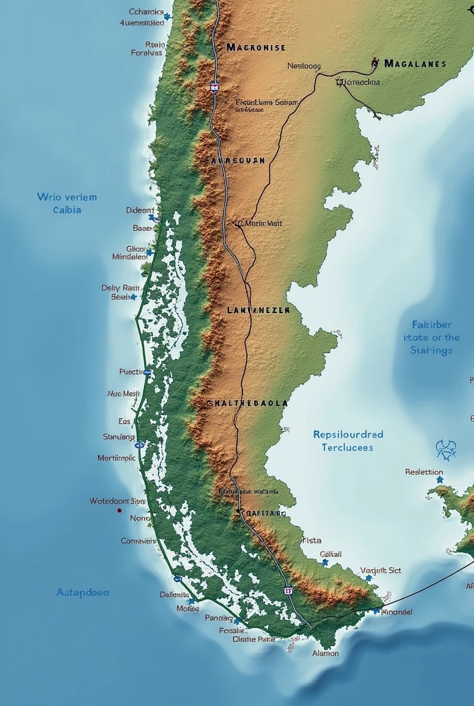 Create an image of a map from Santiago de Chile to Magallanes that looks realistic



