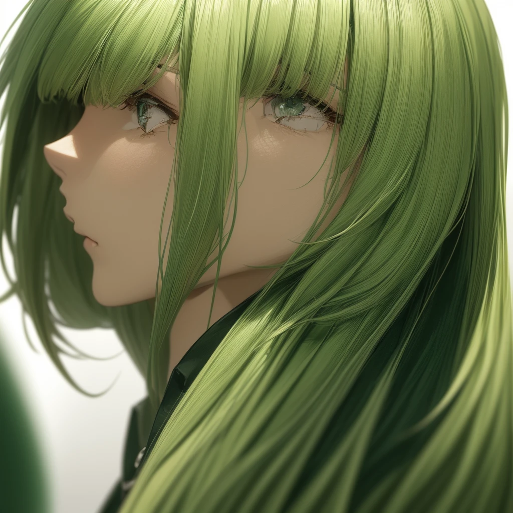 Blonde、blunt bangs、Disheveled Hair、Green Leather Shirt、profile、Sad face、(((beautiful fine hair))),(((beautiful fine face))),(((beautiful fine background))),