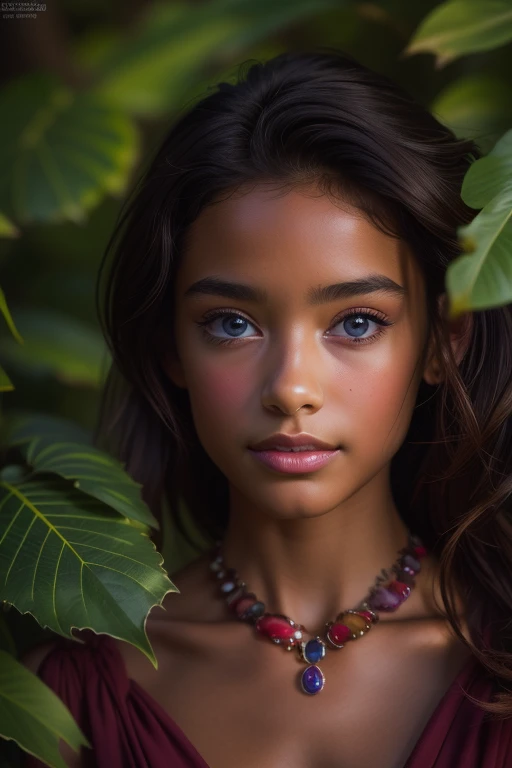 ((Raquel Brockman)) a portrait of a beautiful (()) Kizi, awarded photo, best qualityer, portrait of Annie Leibovitz, Canon 5D Mark II, film, professional photograpy, (rich colors:1.1), hyperrealisti, realistic texture, (natural lighting:1.1), (Canon EF 85mmf/1.4L IS USM), dramatic lighting, (high-detailed face:1.4), perfects eyes, realistic iris, perfekt teeth, (ssmile:0.7), (darkness background, shadow of the leaves), ((neckleace)), (red lengerie)