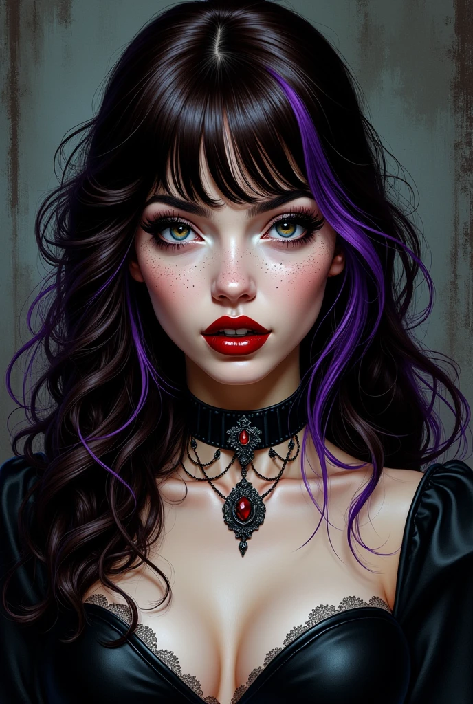 COMIC ART 90'S Adult woman with white skin, light freckles on the face, brown wavy hair with straight bangs AND A PURPLE STRAND and gothic outfit, fundo escuro vampire's teeth, vampire's teeth, Thin nose wide face