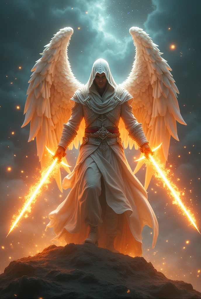 in a celestial environment dark assassins creed man character with eyes coming out of fire dressed in white celestial robes with wings holding two flaming fire swords
