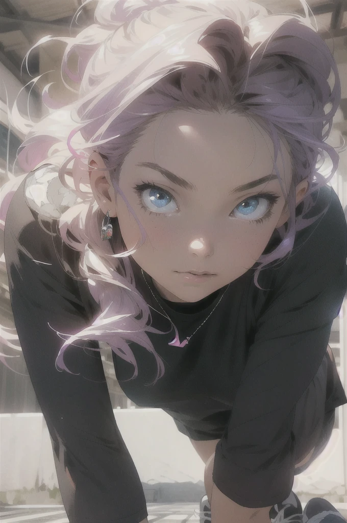 melancholy lighting, quiet, calm, brightness, masterpiece, best quality, 1girl, (JinxLol:1.2), (ultra photorealistic:1.3), (masterpiece:1.4), best quality, ((realistic)), high quality, ultra detailed, ((real image)), ((realistic skin)), ((realistic face)),(illustration:1.05), (beautiful:1.05), (beautiful detailed eyes:1.05), (cinematic light:1.1), purple and pink in the detaques, tight clothes, perfect whole body, slender silhouette, thin, small breasts, thick thighs, black and blue clothing, white sneakers