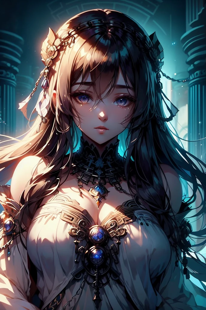 1 girl close up on face, beautiful and aesthetic, gorgeous, masterpiece, Best Quality, fantastic atmosphere, Soothing palette, Quiet, Soft shading, priestess with many chains around her body