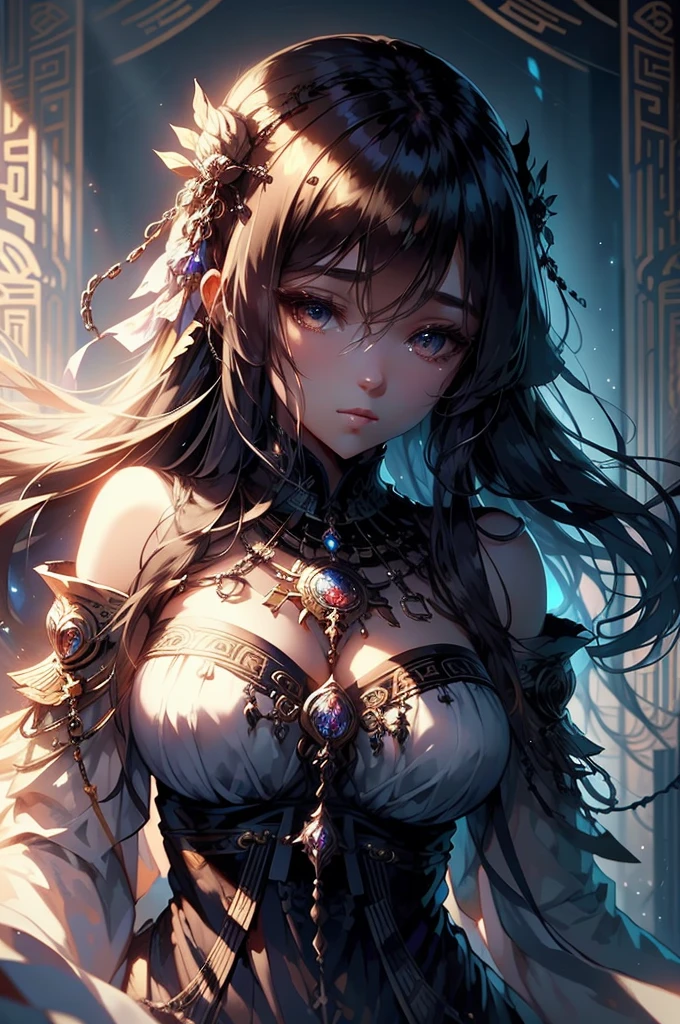 1 girl close up on face, beautiful and aesthetic, gorgeous, masterpiece, Best Quality, fantastic atmosphere, Soothing palette, Quiet, Soft shading, priestess with many chains around her body