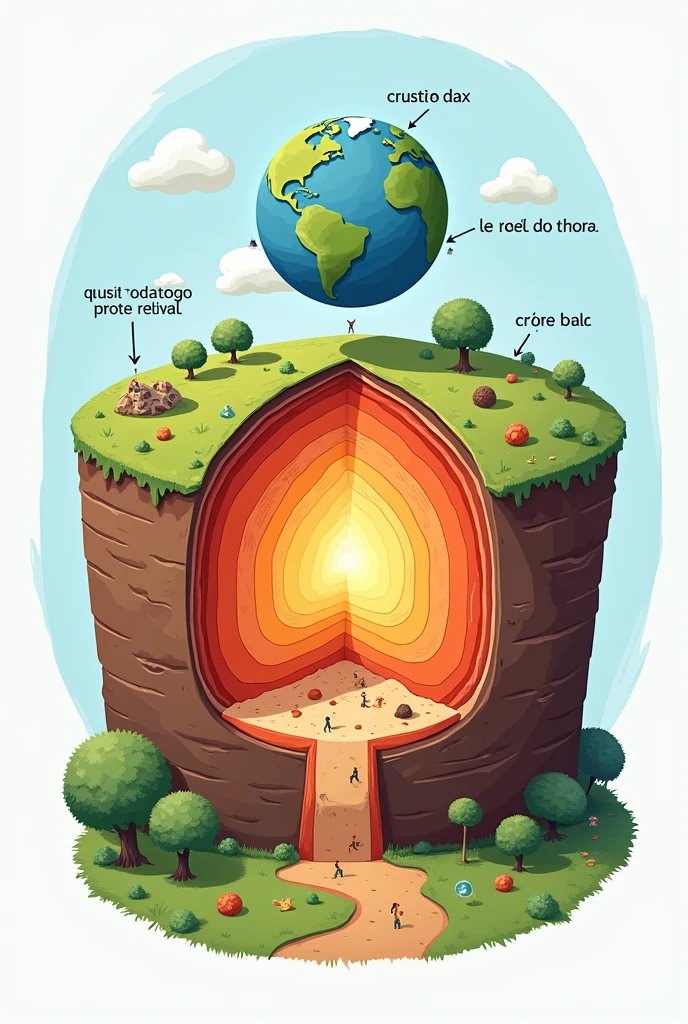 Make a graph of the external parts of the earth, The mantle, the core and the crust is for ren in 5th grade of primary school with the names of the parts in Spanish