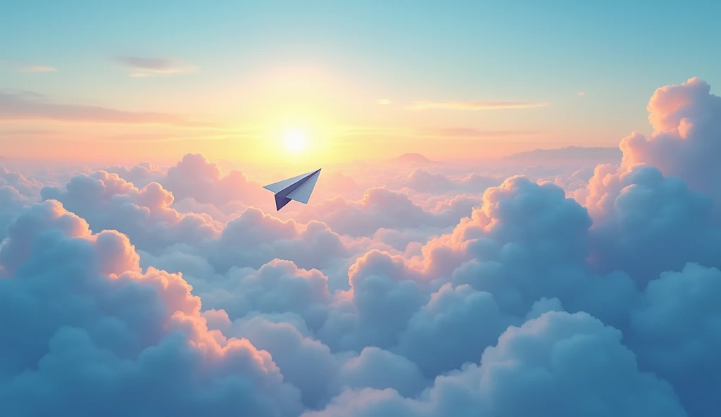 An ultra-high-resolution animated illustration depicting a sky with a rising sun and a paper airplane flying over blue clouds, viewed from above, displayed on a very wide screen.