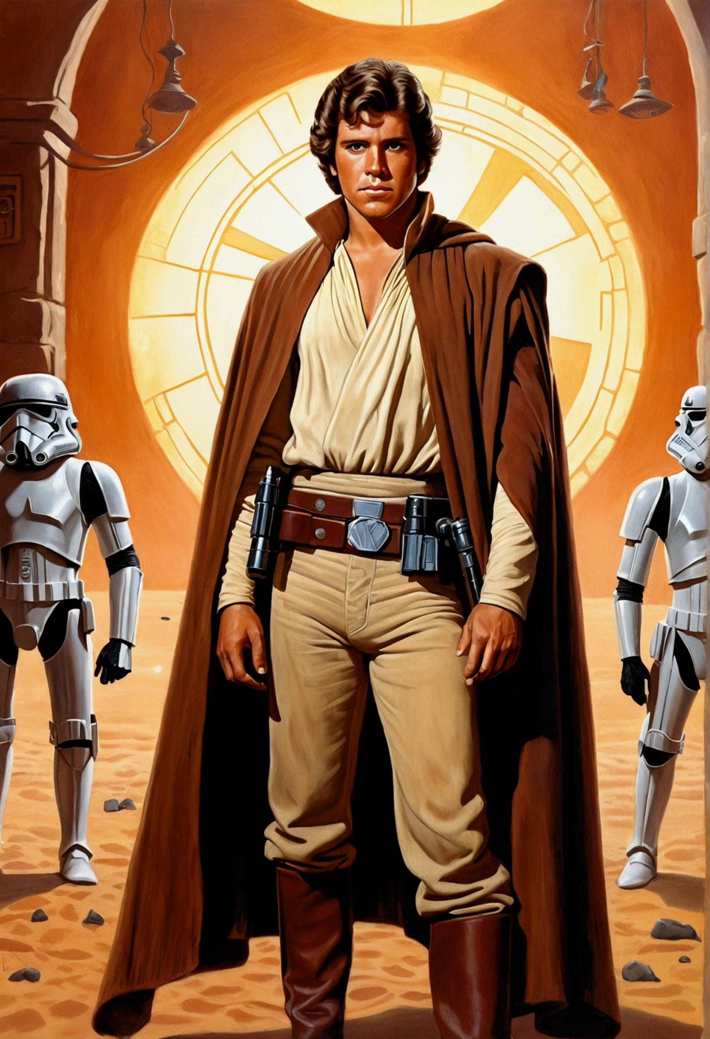 An illustrated movie poster, hand-drawn, full color, a young Star Wars gunslinger, 21-years-old, male, wearing a western poncho, stocky figure, broad shoulders, muscular, hairy body, lost of body hair, brown eyes, brown-black hair, curly quiff, sun-tanned skin, resembles Lou Ferrigno, standing in a seedy cantina, graphite shading, stencil marks, airbrushed acrylic paint, masterpiece, in the style of Drew Struzan