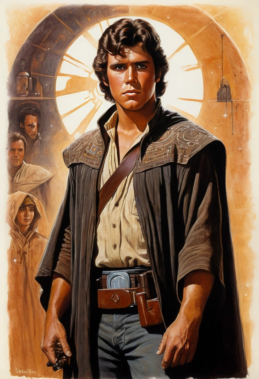 An illustrated movie poster, hand-drawn, full color, a young Star Wars gunslinger, 21-years-old, male, wearing a western poncho, stocky figure, broad shoulders, muscular, hairy body, lost of body hair, brown eyes, brown-black hair, curly quiff, sun-tanned skin, resembles Lou Ferrigno, standing in a seedy cantina, graphite shading, stencil marks, airbrushed acrylic paint, masterpiece, in the style of Drew Struzan