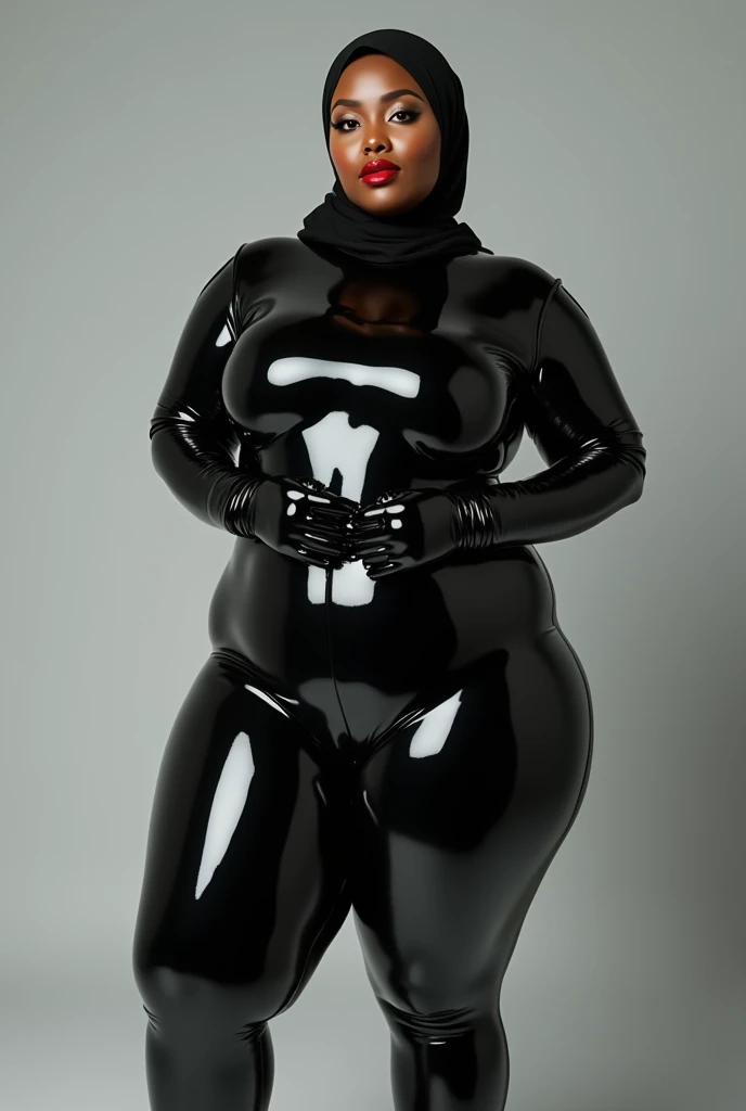 Hijabi, curved, bikini, thick, dark skinned, oil up, big breasts, big thighs, red lips, big lips, latex black suit, sporty
