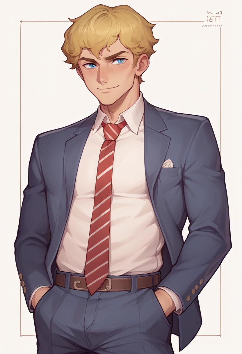 "A tall and lean teenage boy with medium-length wavy blonde hair and striking blue eyes, wearing a traditional Japanese school uniform with a navy-blue blazer and white shirt. He is standing and looking at the camera with a confident and charming smile, his blazer casually unbuttoned. His tie is loosely knotted, and he has one hand in his pocket, exuding an easygoing and charismatic demeanor." visual novel character