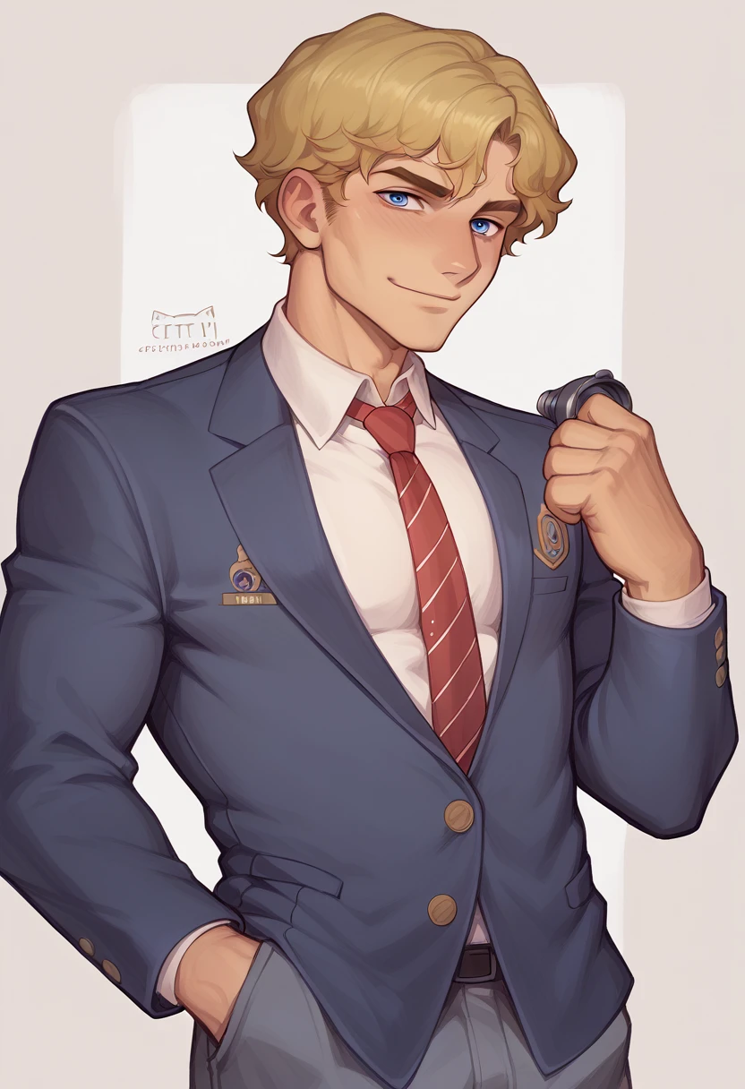 "A tall and lean teenage boy with medium-length wavy blonde hair and striking blue eyes, wearing a traditional Japanese school uniform with a navy-blue blazer and white shirt. He is standing and looking at the camera with a confident and charming smile, his blazer casually unbuttoned. His tie is loosely knotted, and he has one hand in his pocket, exuding an easygoing and charismatic demeanor." visual novel character