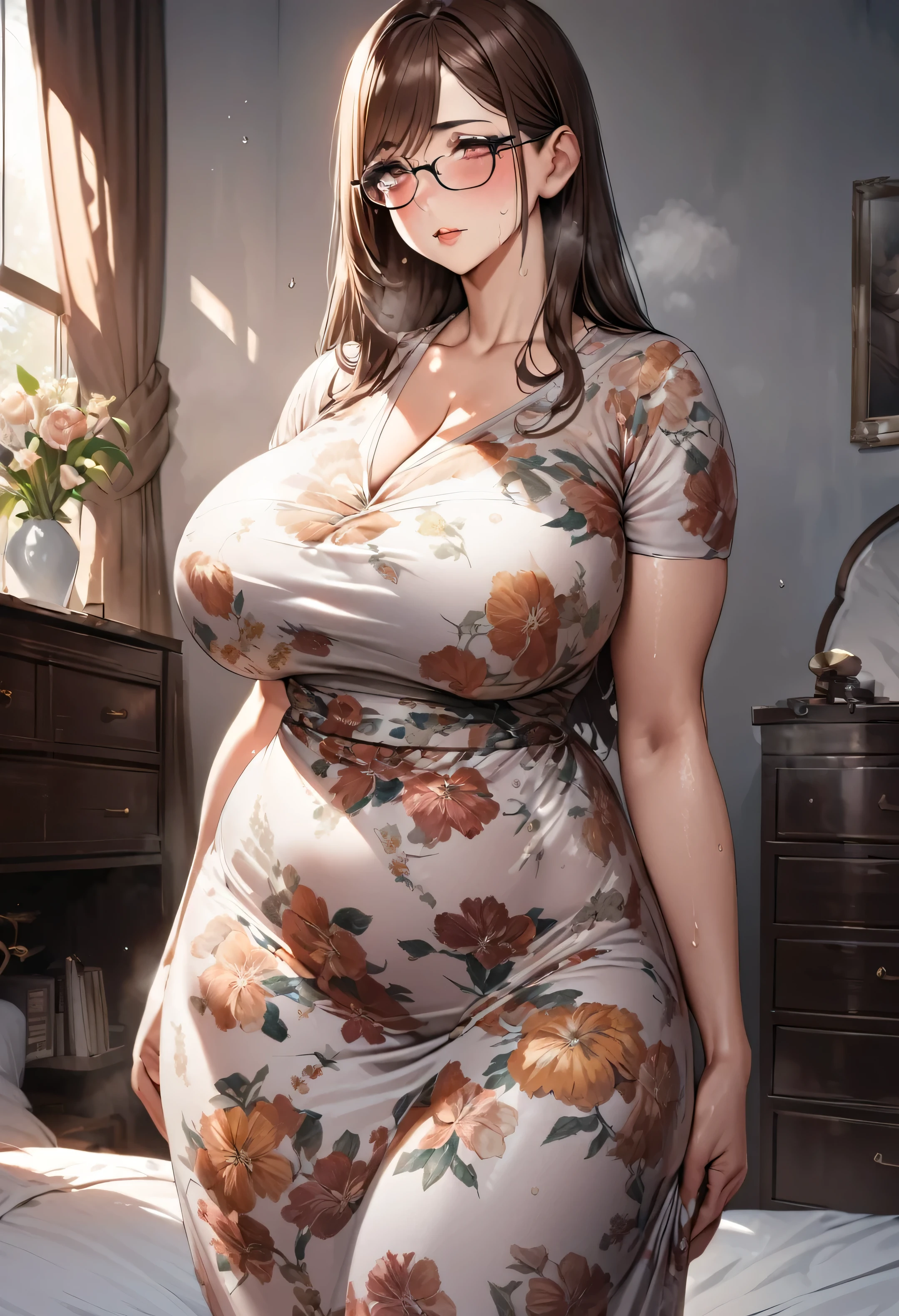 Adult female,Kind Face,Thin, droopy eyes,Curvy,Brown Hair,morning,In a luxurious bedroom,Surreal,Large Breasts,Mole on cheek,puppet,Straight hair,Glasses,Blushed,Humidity,Floral Dress