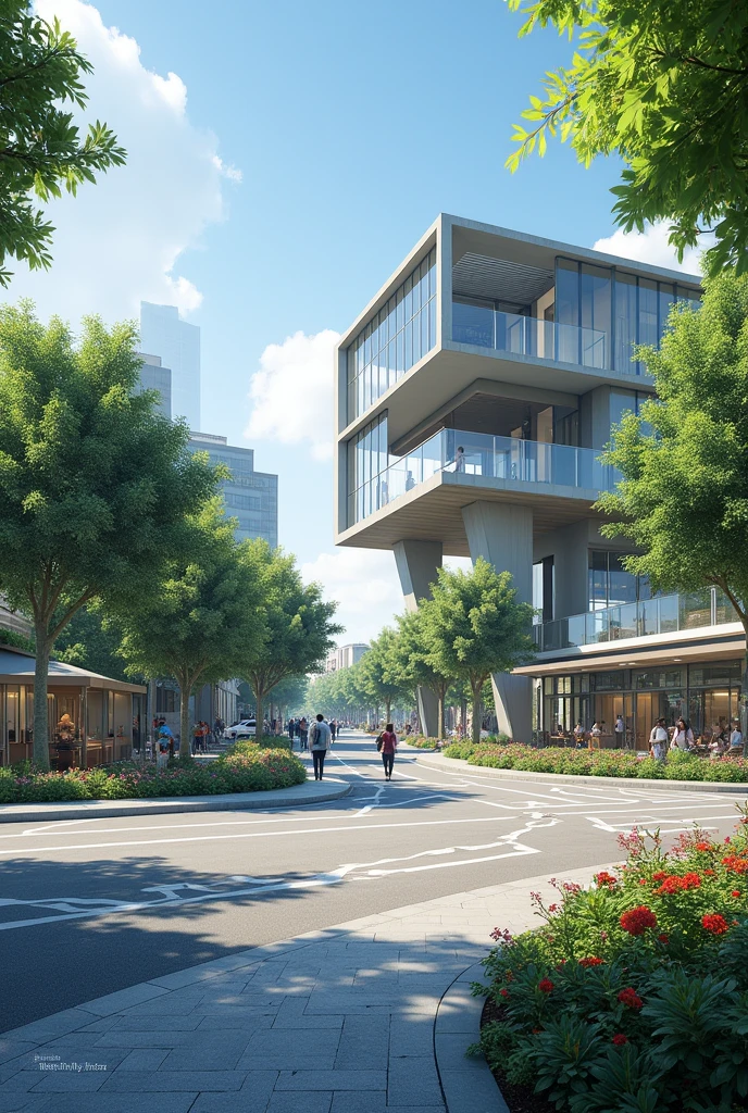 Irregular crossing, right side town hall with contemporary architecture elevated on stilts, below large garden with small trees and benches. Other side of the intersection concept stores co. glass facades, tall trees providing shade, colorful flower garden, benches to sit on, passage for cars to also make their journeys, public sidewalk with pet pavement