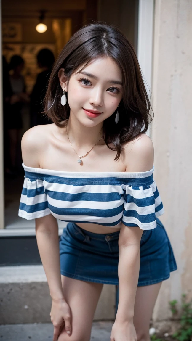((Photographed with wall art in the Kakaako area in the background)), (Standing by the wall art), (masterpiece:1.3), light makeup, red lips, beautiful hair, Black hair, (Medium hair:1.3), elegant, soft lighting, Very fine details, masterworks, authentic texture, perfect work, (1 girl), (One Woman), 16k, high resolution, exquisite features, brown eyes, (Ultra-high resolution eye:1.1), Japanese idol, beautiful face, ((artists work)), (photorealism:1.2), (gentle smile like a goddess), attractive, well-shaped breasts, beautiful cleavage, shiny skin, smooth skin, BREAK, (Off-the-shoulder blue and white striped t-shirt:1.3),(Micro mini Tight flare skirt:1.3), earrings, necklace, BREAK, Full-body, walking position, (Walking through the weekend market), (Leaning forward:1.3), (Model pose with legs apart), BREAK, (Asking for a kiss:1.2), (lovely smile), shoot from below, (Close up:1.2), sexy model pose