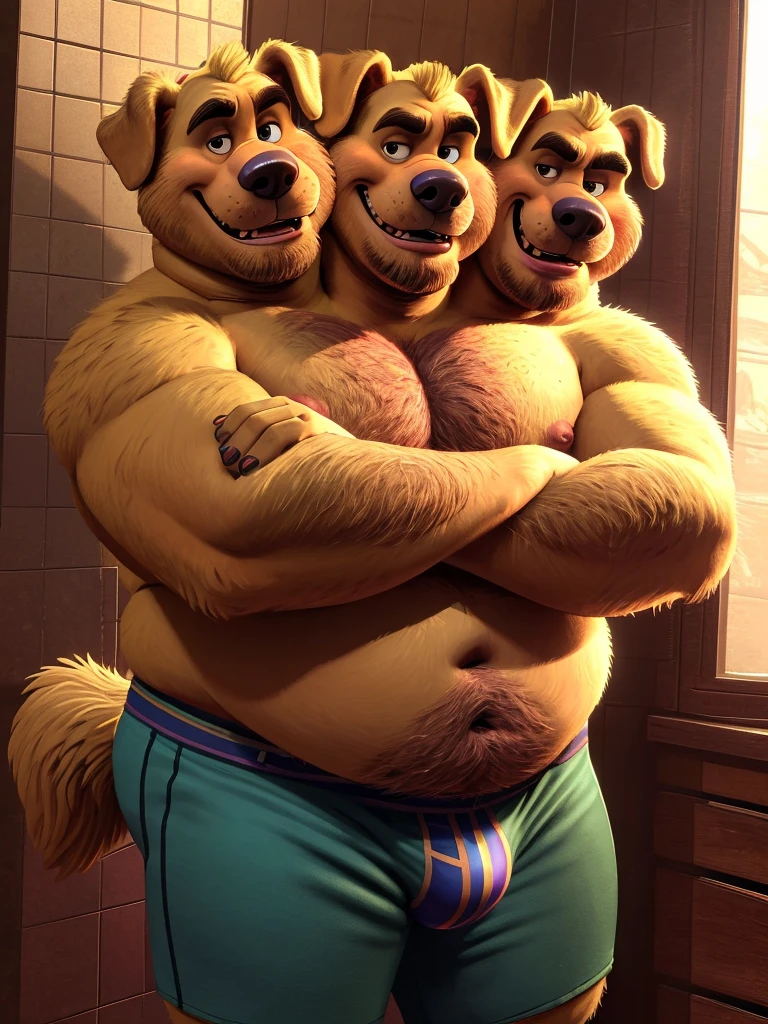 solo, golden retriever, twins, 60 year old male, coy smiles, three identical heads attached to the same body, golden retriever ears, bald, yellow fur, masculine, three necks, eyes, adult, male, (stylized 3d, by disney, by rembrandt), by pixar:1.1, by dramamine, ugly, (overweight, fat, obese), beards, stubble, bathroom background, (shirtless, navel, male nipples, underpants, bulge), correct hands, correct anatomy, (ultradetailed, best quality, detailed masterpiece, highly detailed masterpiece, 4k, professional cartoon:1.7), (natural pose, sexy pose, ((arms crossed:1.3))
