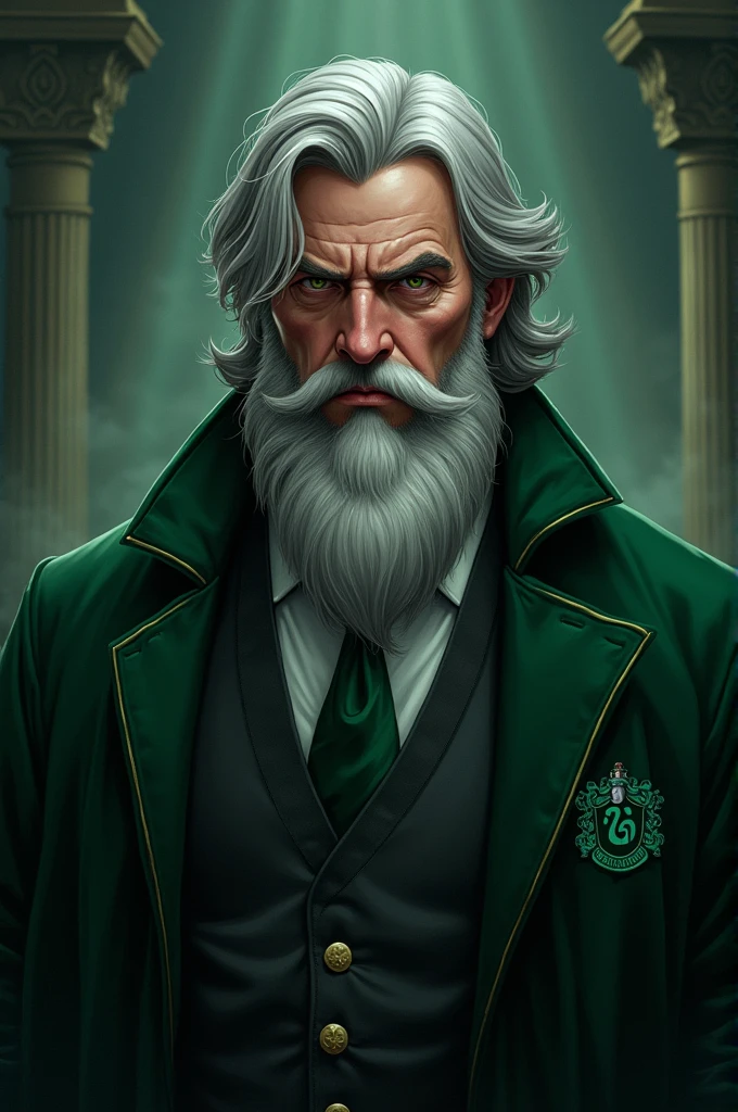 Create multiple images of a bearded man in an anime version of Slytherin uniform 