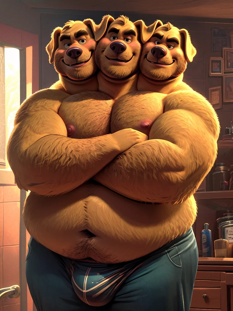 solo, golden retriever, twins, 60 year old male, coy smiles, three identical heads attached to the same body, golden retriever ears, bald, yellow fur, masculine, three necks, eyes, adult, male, (stylized 3d, by disney, by rembrandt), by pixar:1.1, by dramamine, ugly, (overweight, fat, obese), beards, stubble, bathroom background, (shirtless, navel, male nipples, underpants, bulge), correct hands, correct anatomy, (ultradetailed, best quality, detailed masterpiece, highly detailed masterpiece, 4k, professional cartoon:1.7), (natural pose, sexy pose, ((arms crossed:1.3))