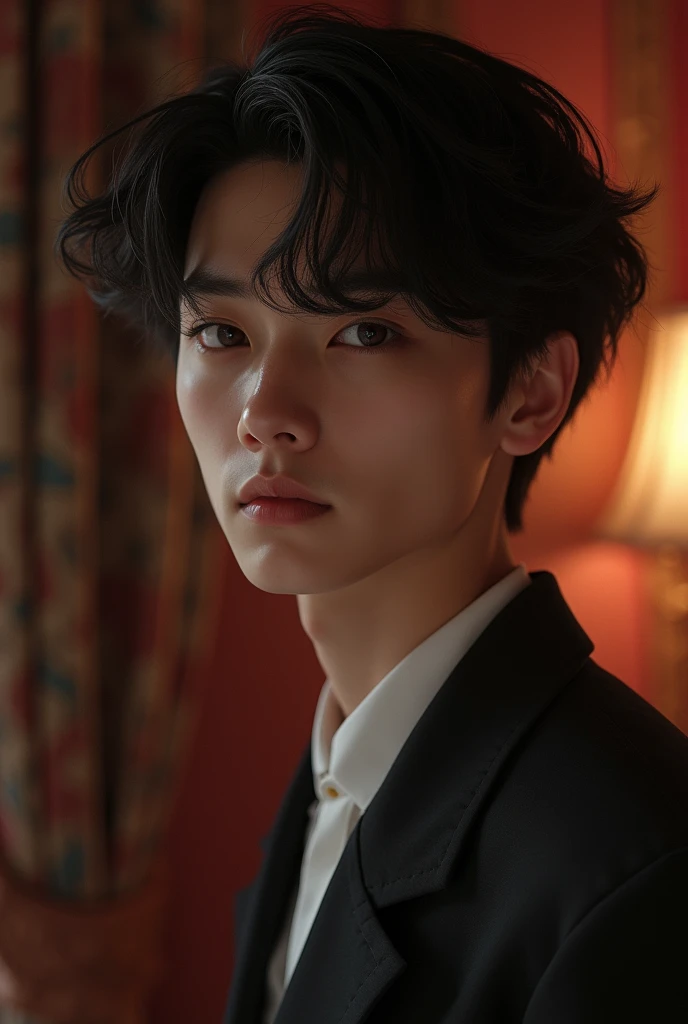 luca, a 2 young man with delicate facial features, dark brown almond shaped eyes and black hair, with Korean features. He is a boy who works in a pleasure house