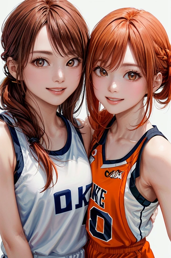 (((Pure white wall background、Highest quality、8k、32K、masterpiece)))、(Realistic)、(Realistic:1.2)、(High resolution)、Very detailed、Very beautiful face and eyes、1 person、Round and small face、Tight waist、Delicate body、(close、Highest quality、Attention to detail、Rich skin detail)、(Highest quality、8k、Oil paints:1.2)、Very detailed、(Realistic、Realistic:1.37)、Bright colors、(((Orange Hair)))、(((Vermilion hair)))、(((Cowboy Shot)))、(((Long Hair)))、(((The ends of the hair are tied)))、(((Pure white wall background)))、(((Wearing a basketball uniform)))、(((Orange and white basketball outfit)))、(((smile)))、(((1 female)))、(((Tank top style uniform)))、