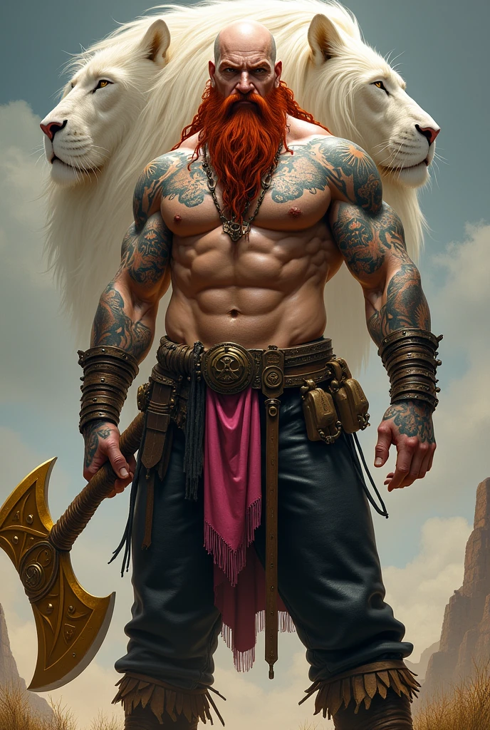 I would like a bald white man with a long braided red beard, an extremely strong physique, shirtless with tattoos covering his body and arms, a lion tattoo on his back, wearing black leather pants with pink details, a cloth tied around his waist, and holding a large golden axe in his hands. There is a spiritual lion behind him, and a great aura of power resides within him. I would like it to be in a mature style, and the art should be in a fantasy and RPG style set in the Old West.