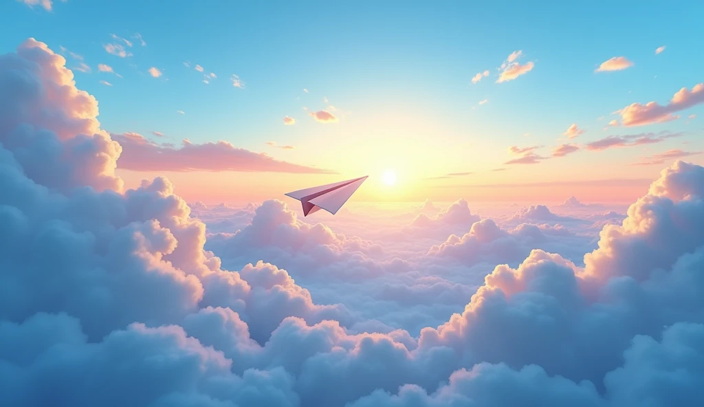 An ultra-high-resolution animated illustration depicting a sky with a rising sun and a paper airplane flying over blue clouds, viewed from above, displayed on a very wide screen.