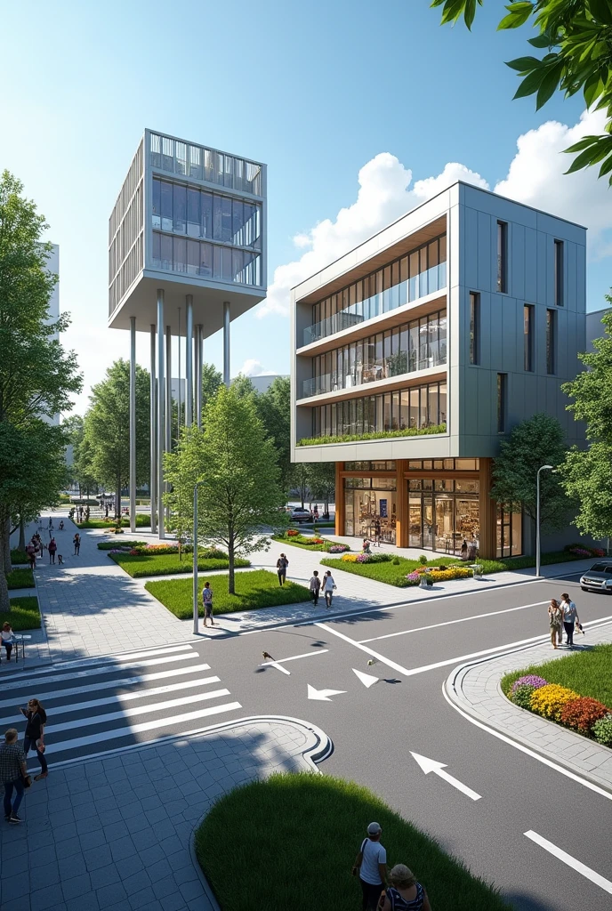 Irregular crossing, right side town hall with contemporary architecture elevated on stilts, below large garden with small trees and benches. Other side of the intersection concept stores co. glass facades, tall trees providing shade, colorful flower garden, benches to sit on, passage for cars to also make their journeys, public sidewalk with pet pavement