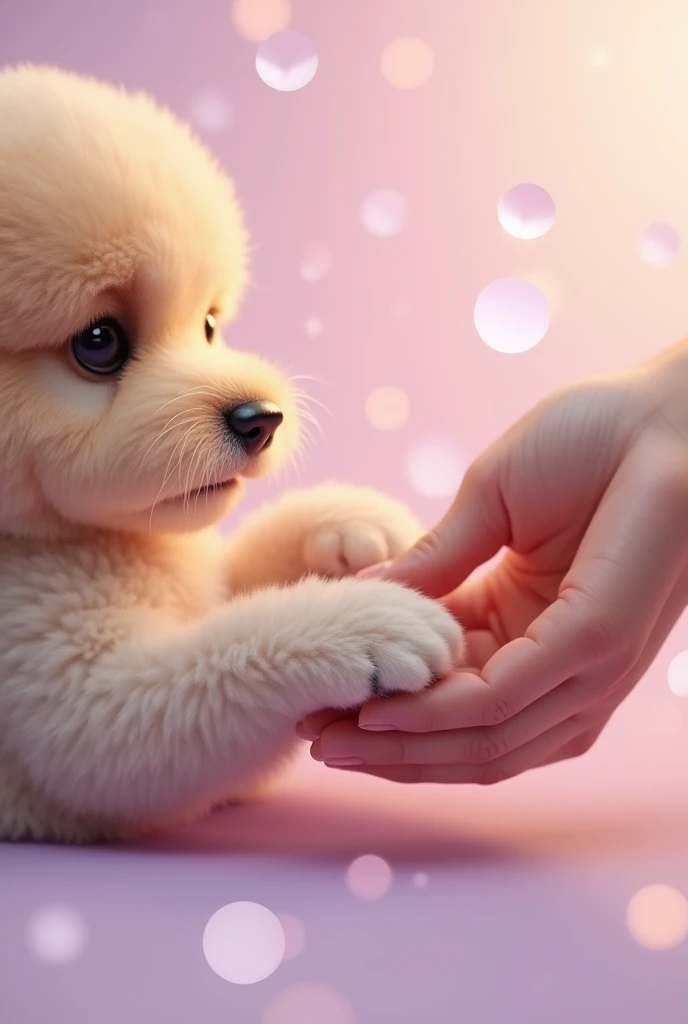 Cute dog or cat paw image, with a person applying moisturizer, Caring, background in lilac and pink colors
