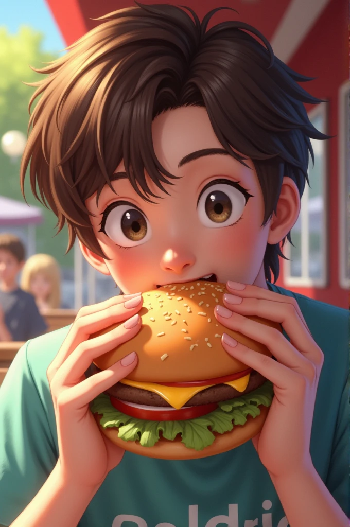 A brown-haired ager eating a hamburger