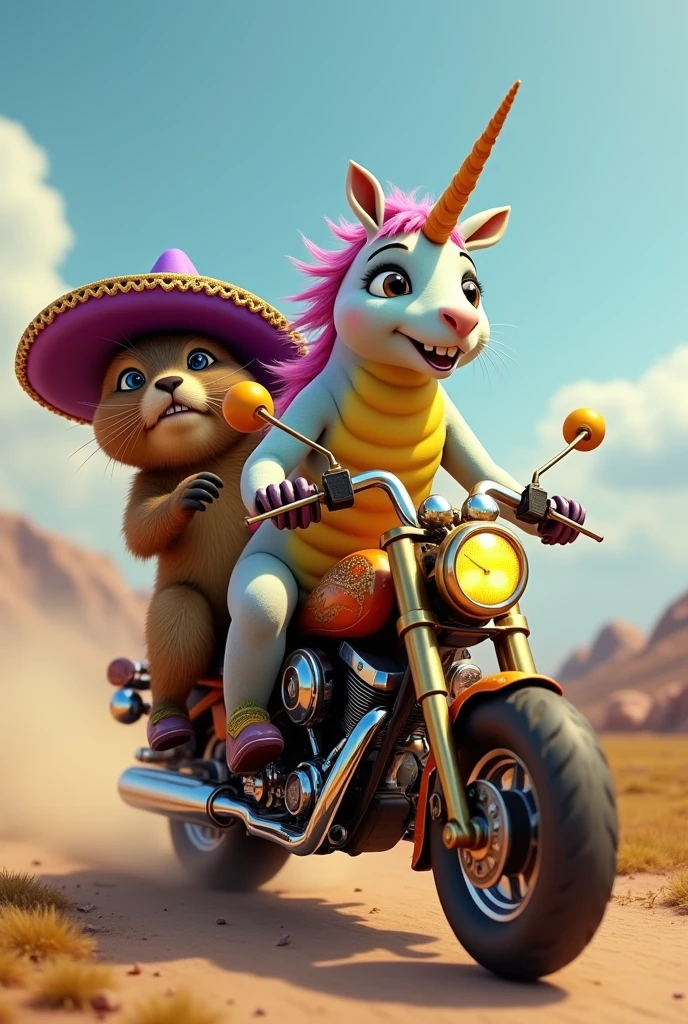 Une marmotte qui porte un chapeau mexicain violet en compagnie d'une licorne multicolore et d'un gros bourdon joyeux qui font tous les 3 de la moto, le bourdon conduit et la marmotte est passagère et la licorne est sur une moto individuelle 