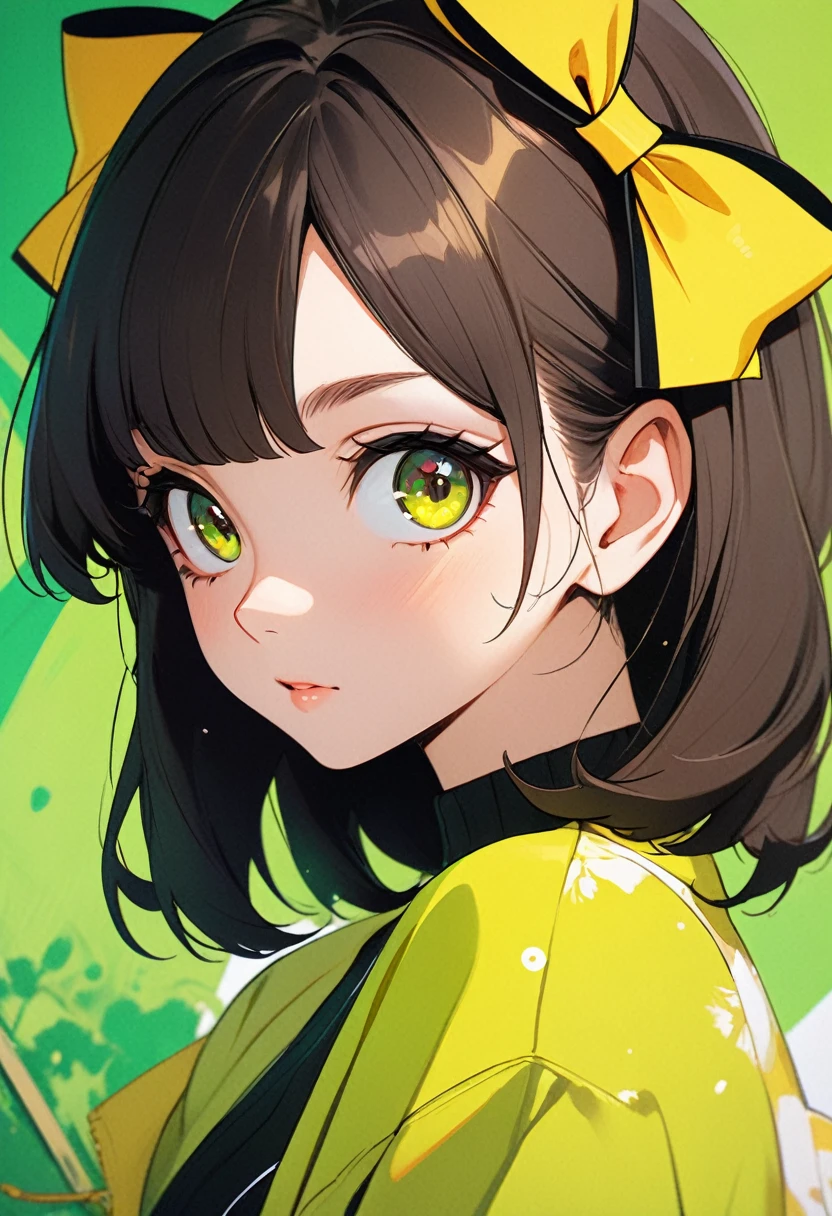 a painting of a woman with a bow on her head, an anime drawing, by Ilya Kuvshinov, serial art, green and yellow tones, 🤤 girl portrait, with cute doting eyes, glossy magazine painting