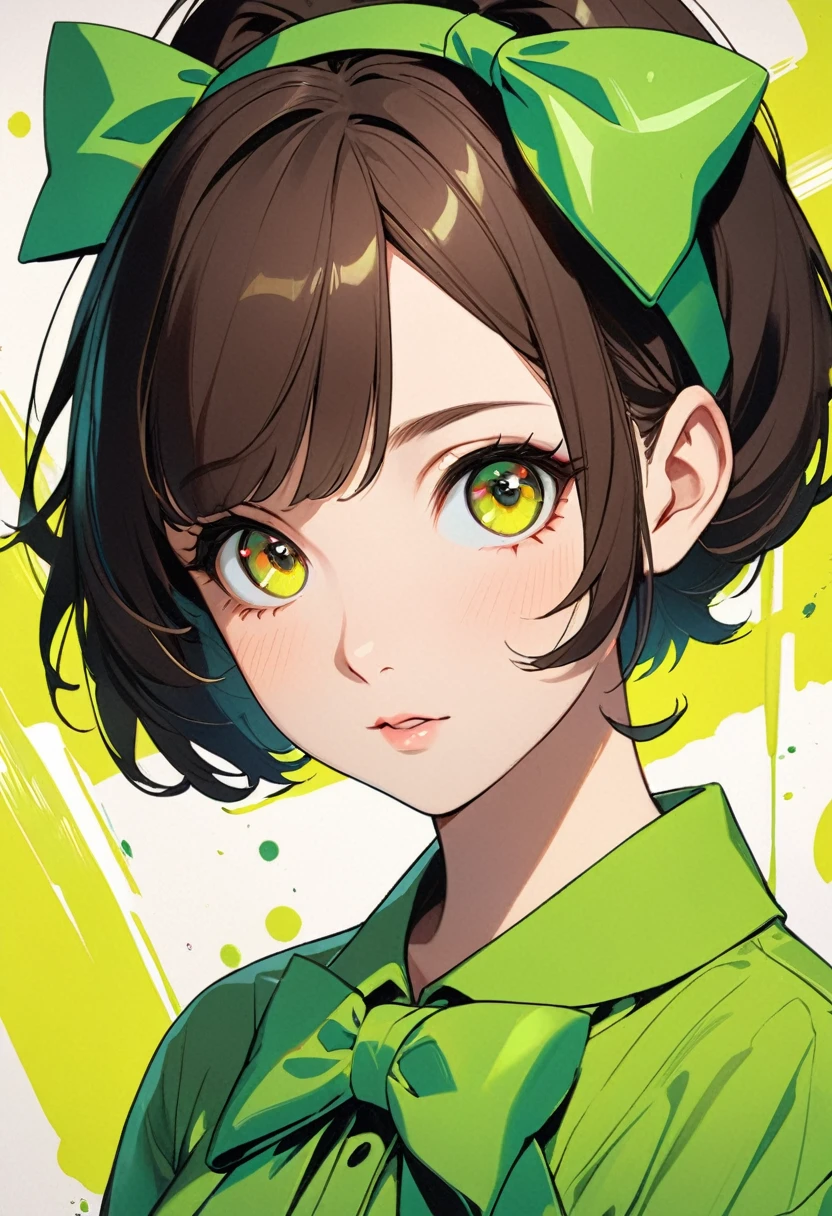 a painting of a woman with a bow on her head, an anime drawing, by Ilya Kuvshinov, serial art, green and yellow tones, 🤤 girl portrait, with cute doting eyes, glossy magazine painting