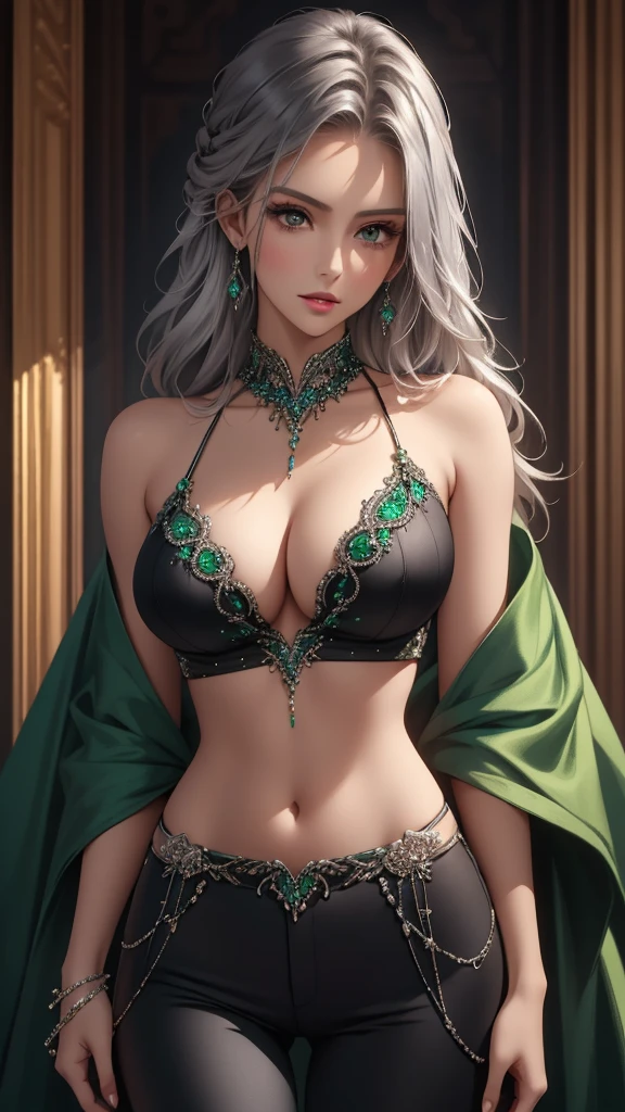 Closeup, Best quality, masterpiece, realistic, Beautiful sexy cool tall, slim, fit woman, wearing fancy silver-black-green sequin top and black pants, intricate and highly detailed, cleavage, long silver hair, body chain, jewelry