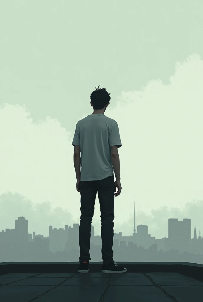 A lonely sad young man stand on a rooftop 