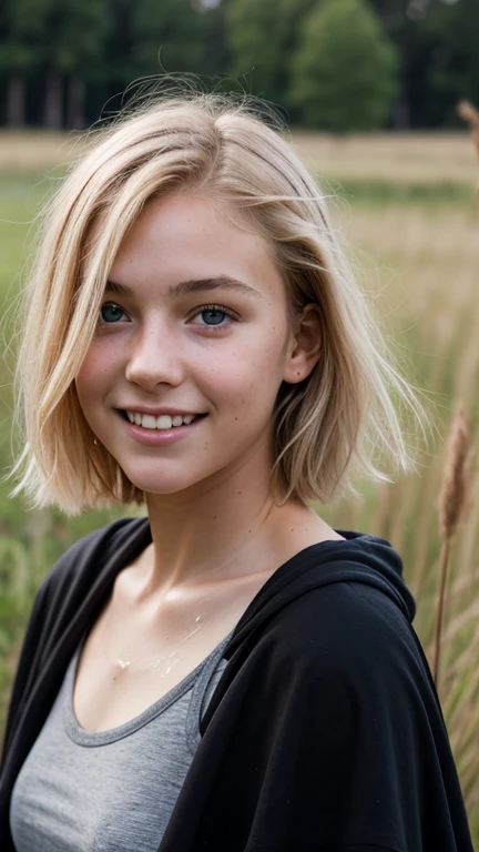 (realistic),18 yo blonde teen girl . Full lips. Eyes wide. Very short hair,  well-trained body, (( sweaty skin)),  short hair,  , big smile, blowing hair, black cloak, grass background,　The endless prairie