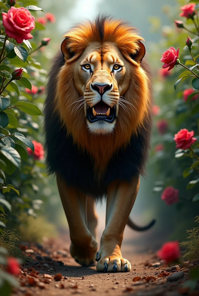 Create an image of a lion walking through a rose bush, where a rose is visible above one of his ears, You can see on the lion&#39;s hands the scars from the cuts made by the rose bush&#39;s thorns and the lion is roaring