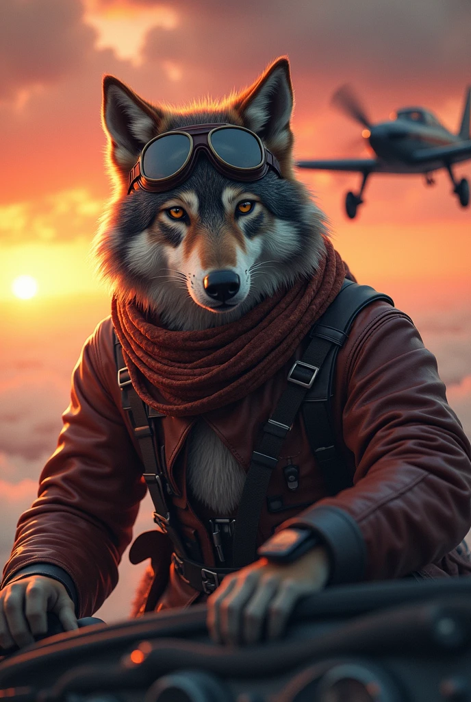 create an image of a wolf in pilot attire with a plane flying behind him at sunset