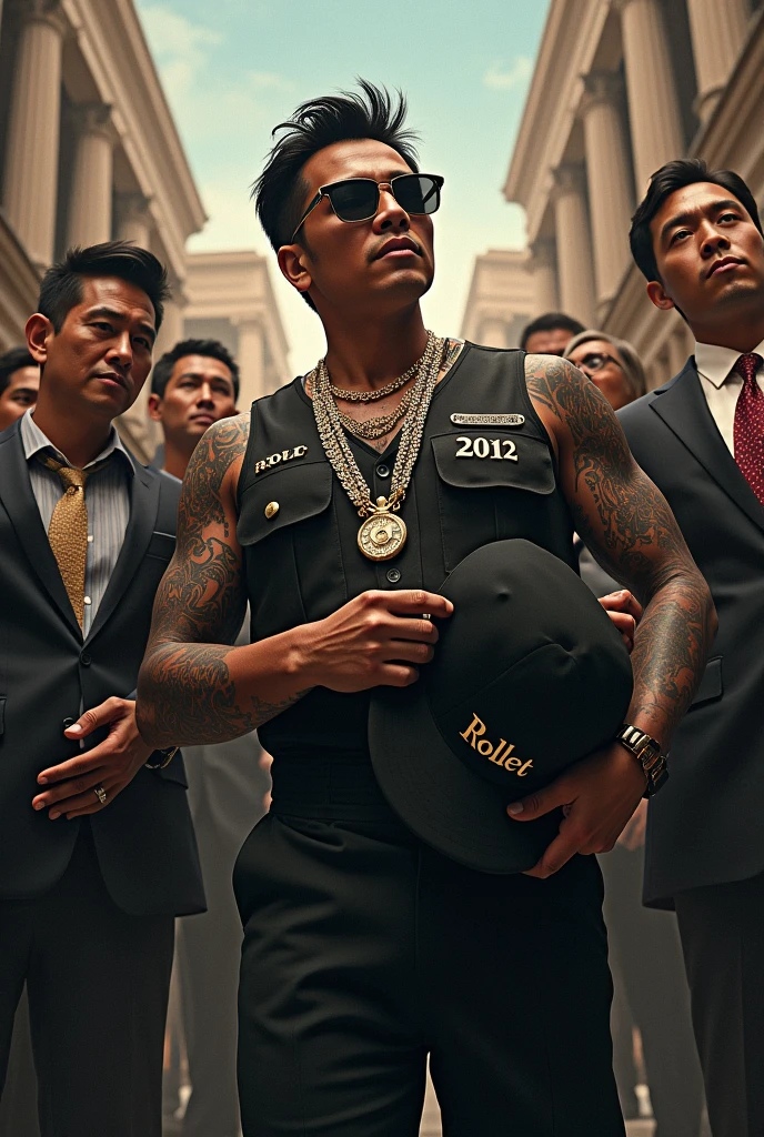 Imagine a realistic image where the Philippine media is represented by a figure, like a news anchor or a tattooed rapper with diamond chains, Rolex on the wrist with the uniform with the rollet logo,holding a graduation cap with the rollet logo ,stand in the center of the picture. The figure is surrounded by various stakeholders, How do politicians, business leaders, and the general public, each pulling the media figure in different directions.