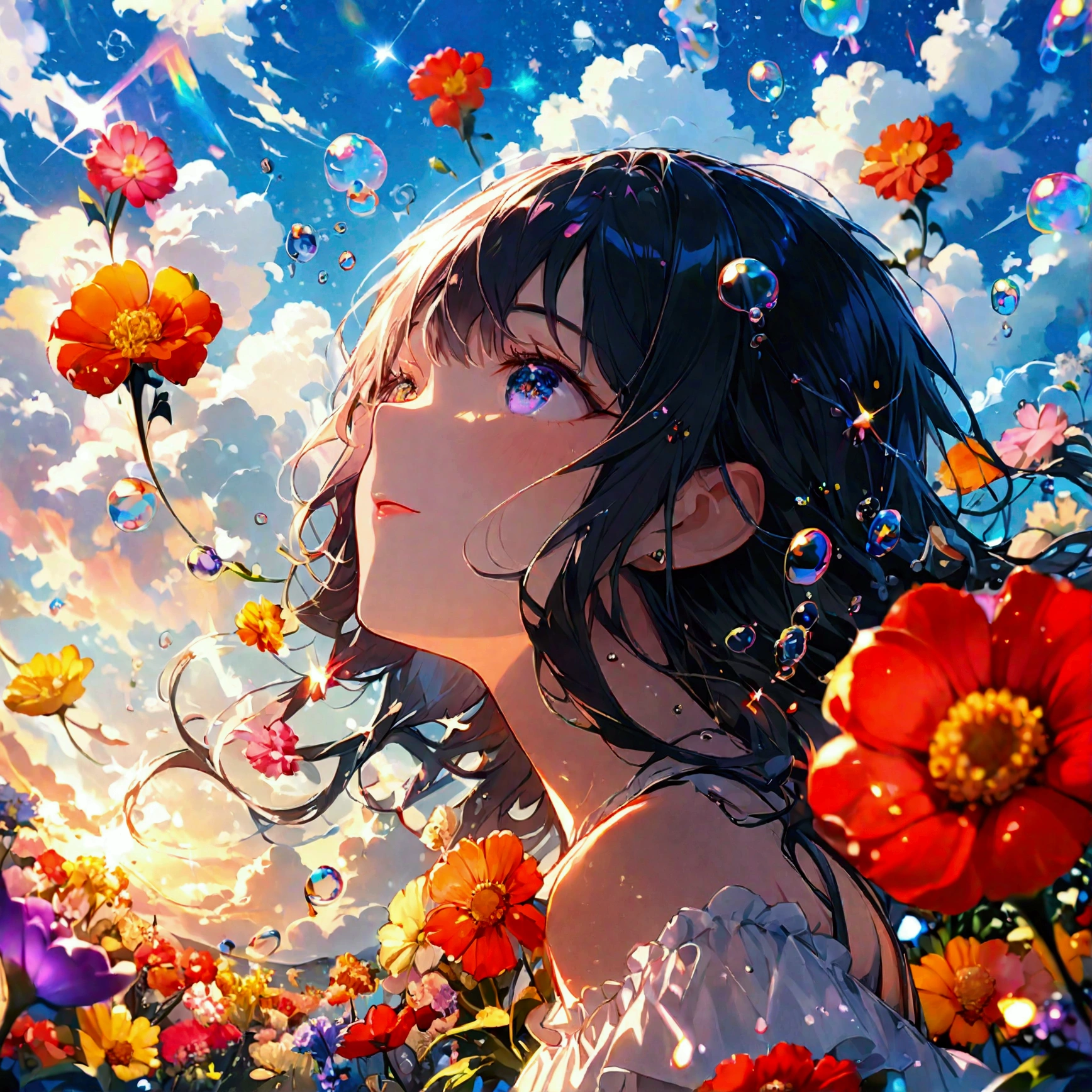 JK,Flowing Hair,Beautiful sky, Beautiful Clouds, summer,Colorful flowers, (Transparent bubbles sparkle in the sky), masterpiece,High resolution,Wide-angle lens