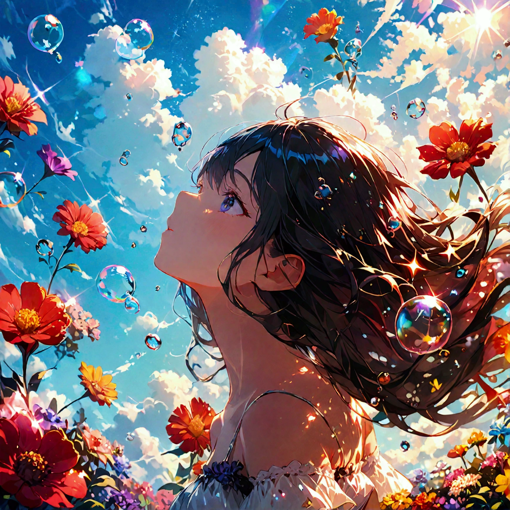 JK,Flowing Hair,Beautiful sky, Beautiful Clouds, summer,Colorful flowers, (Transparent bubbles sparkle in the sky), masterpiece,High resolution,Wide-angle lens