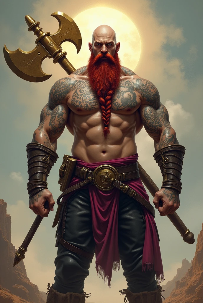 I would like a bald white man with a long braided red beard, an extremely strong physique, shirtless with tattoos covering his body and arms, a lion tattoo on his back, wearing black leather pants with pink details, a cloth tied around his waist, and holding a large golden axe in his hands. There is a spiritual lion behind him, and a great aura of power resides within him. I would like it to be in a mature style, and the art should be in a fantasy and RPG style set in the Old West.