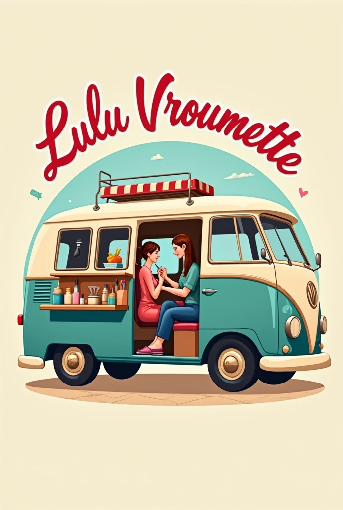 Cree un logo pour une onglerie sur roues dans un fourgon emménager, qui s'appelle "LULU VROUMETTE". Il y a une dame au cheveux brun qui fait une manicure, dans un fourgon.