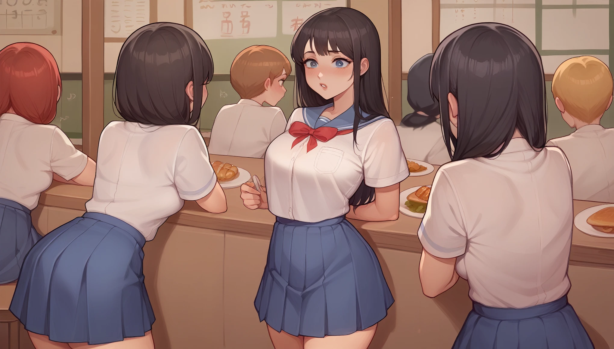 "A ******* girl with long, straight black hair, wearing a traditional Japanese school uniform with a navy-blue skirt and white blouse, is standing in the school cafeteria, her back to the camera. She is engaged in conversation with three friends, who are standing in a semi-circle around her. The cafeteria is busy, with other students chatting and eating at tables in the background. The girl’s posture is relaxed yet confident, and though we can't see her face, her presence suggests she is calmly leading the discussion. Her red ribbon is visible, tied neatly around her neck, and the overall atmosphere is lively but focused on the group’s interaction."